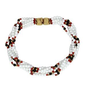 Vintage Multistrand Glass Bead Necklace White Red Black Gold Twist Choker 17"